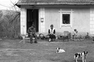 家の前に座る2人のおじさんと犬たち