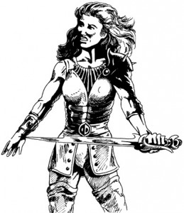 皮の鎧を着て手に剣を持つ女性