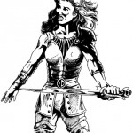 皮の鎧を着て手に剣を持つ女性